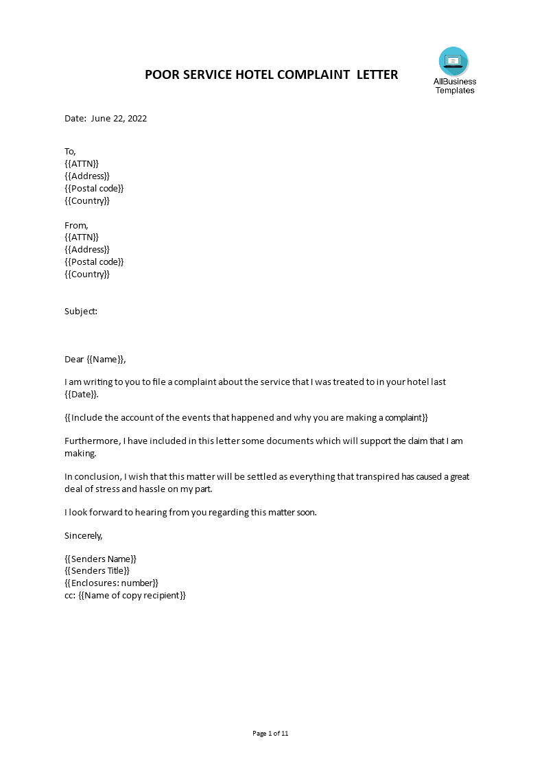Complaint Letter for Poor Customer Service 模板
