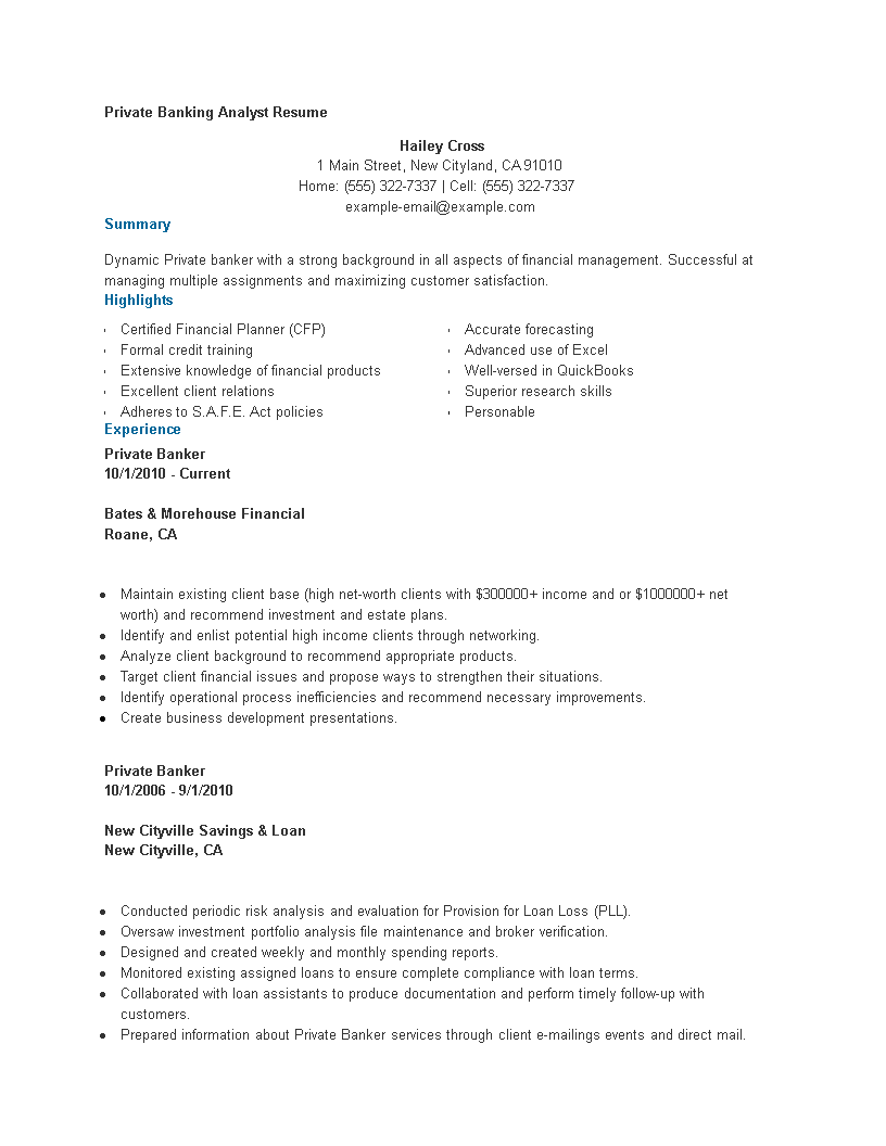 private banking analyst resume Hauptschablonenbild