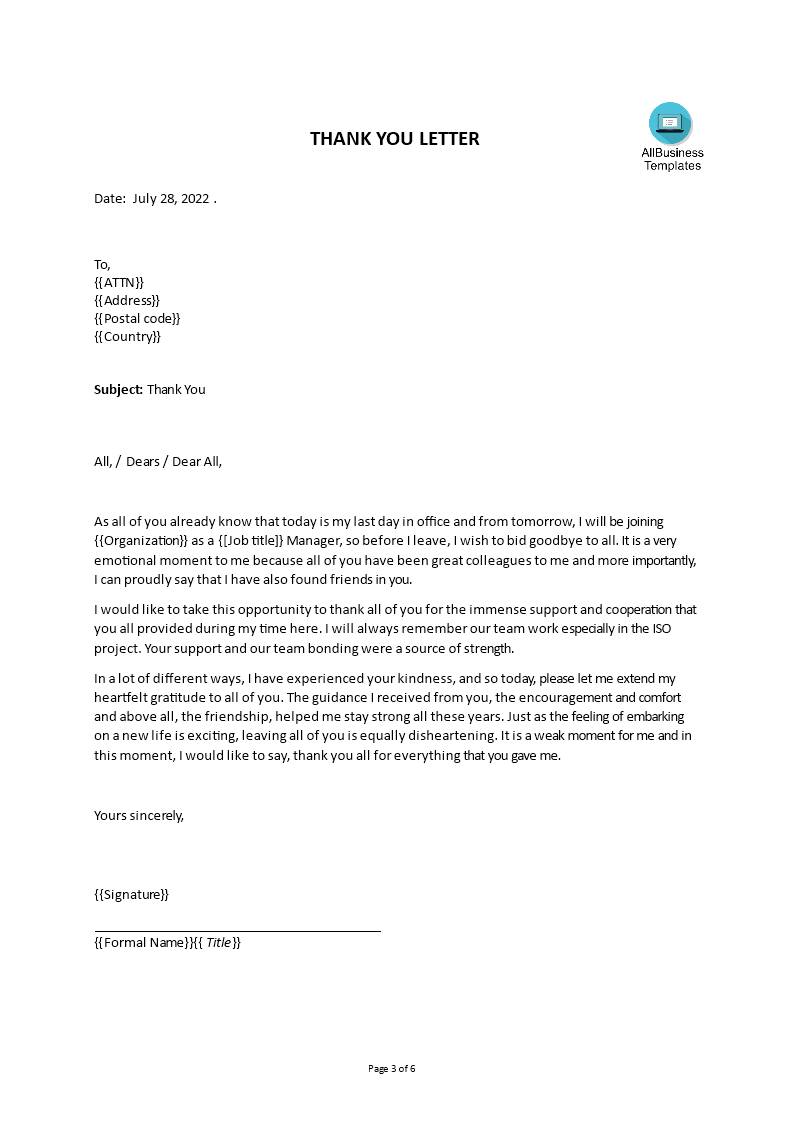 professional goodbye letter to coworkers voorbeeld afbeelding 