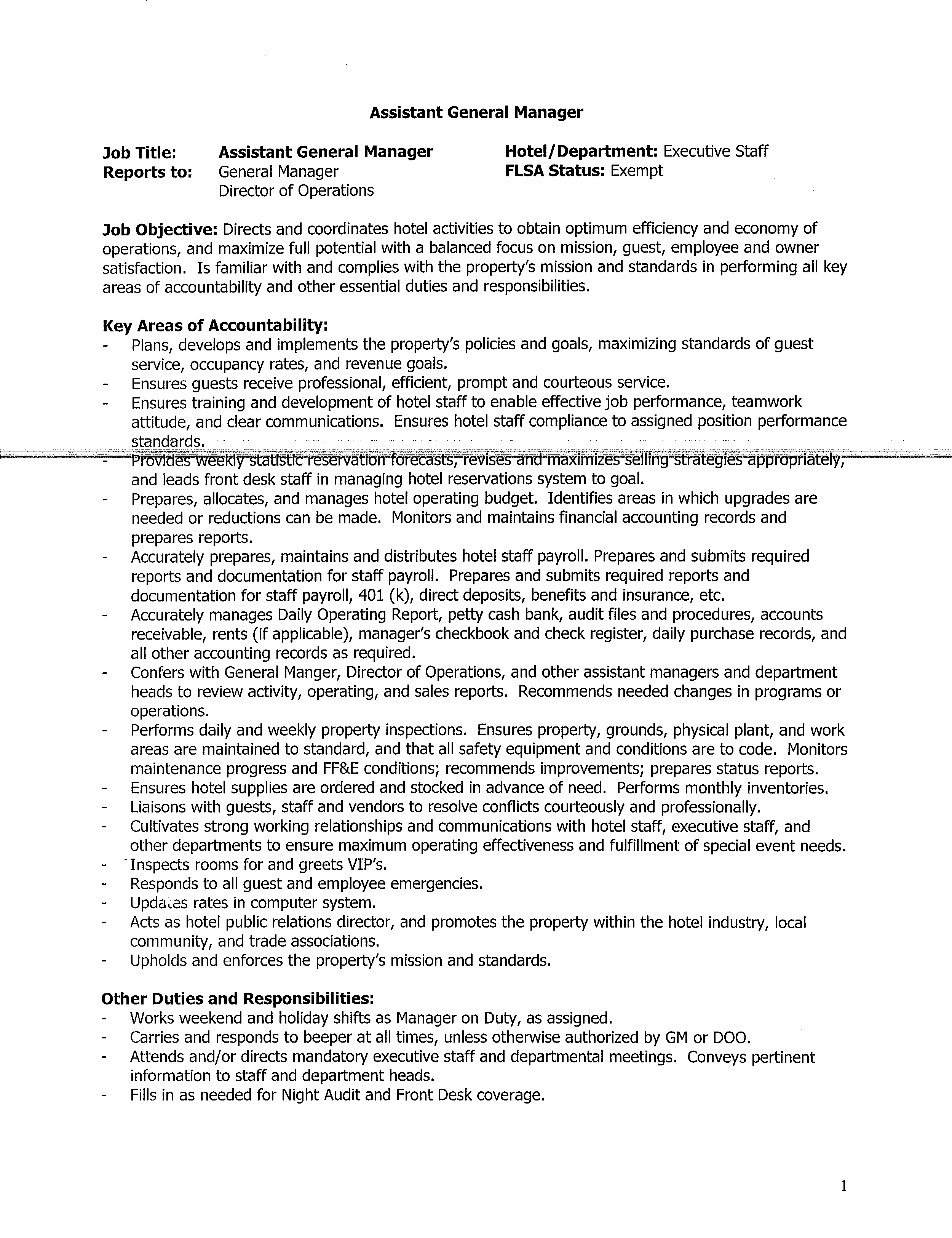 assistant manager job description resume