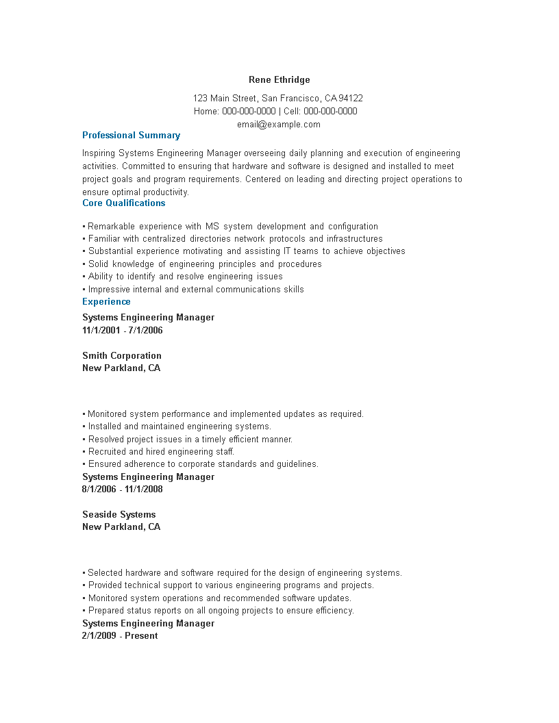 software engineering manager resume template