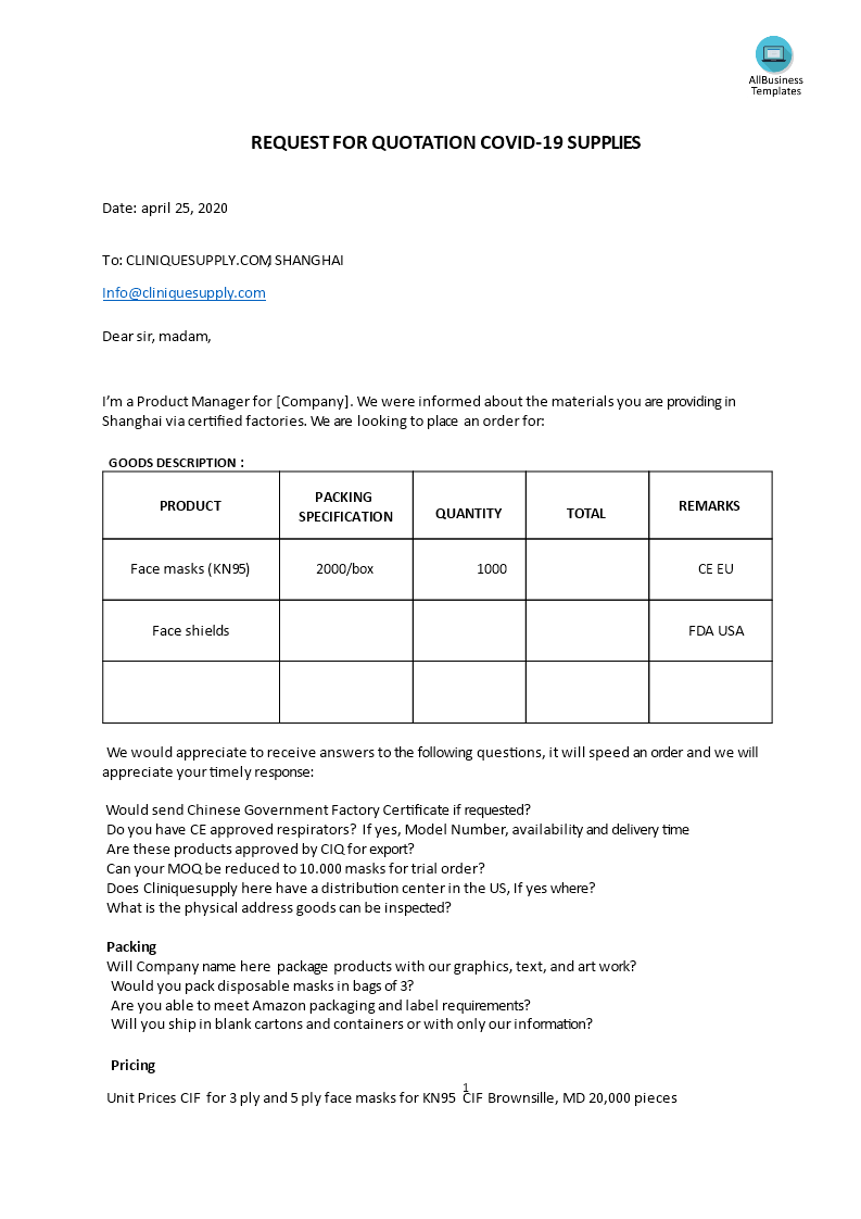 rfq covid-19 face masks modèles