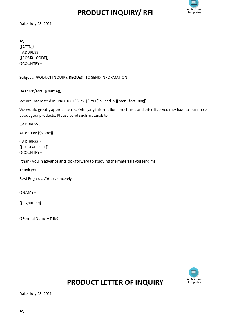 Product Inquiry Business Letter main image