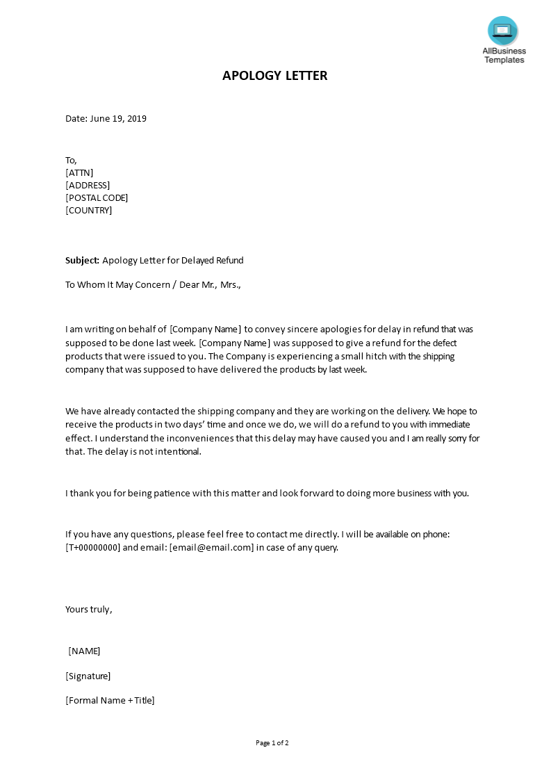 apology letter for delayed refund voorbeeld afbeelding 