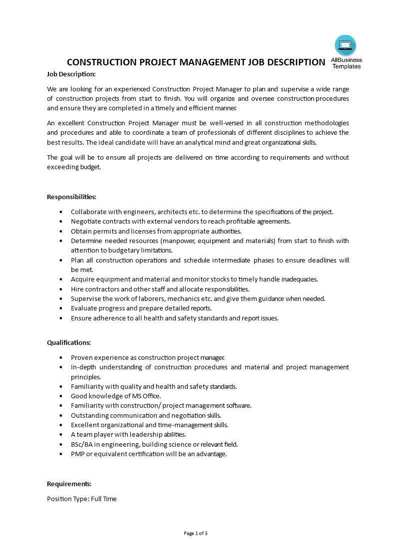 construction project management job description modèles