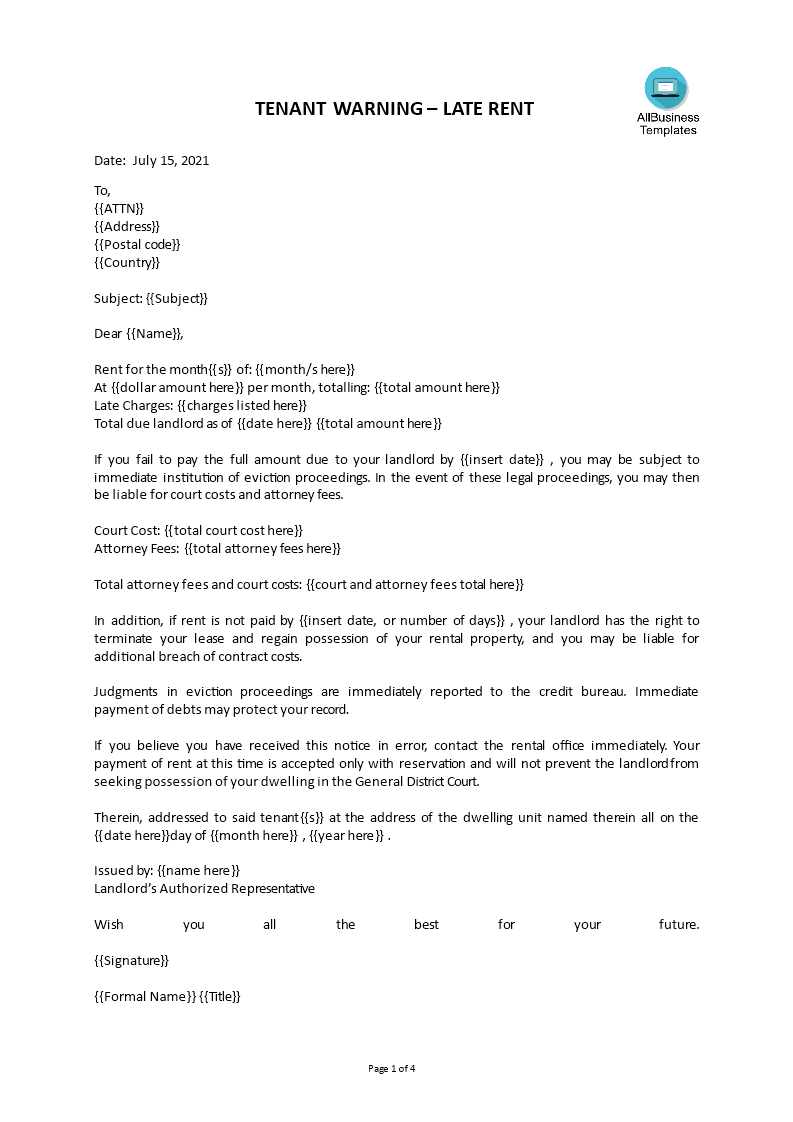 Tenant Late Rent Warning Letter main image