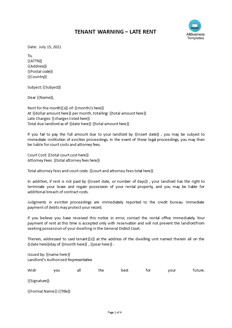 tenant late rent warning letter template