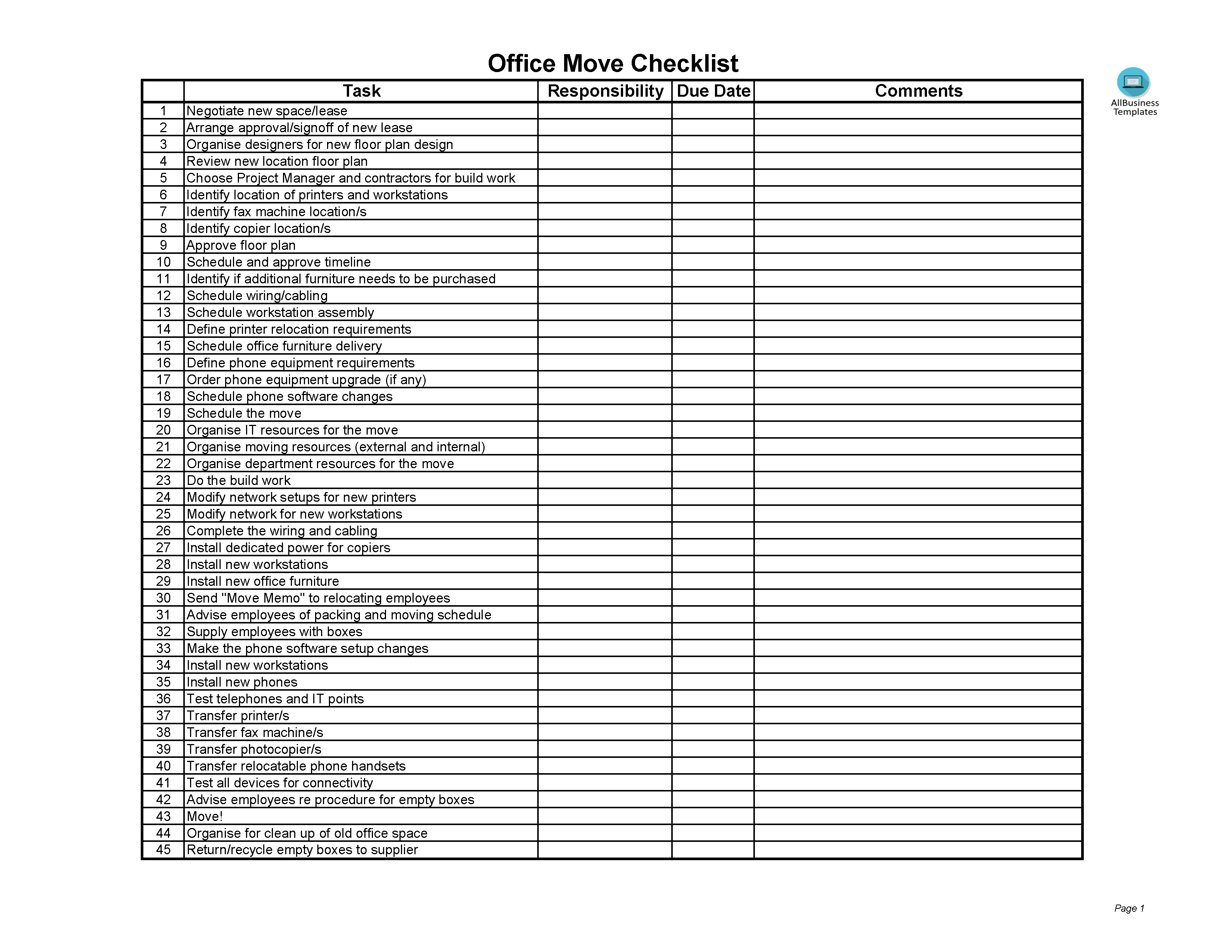 Office Move Checklist Excel 模板