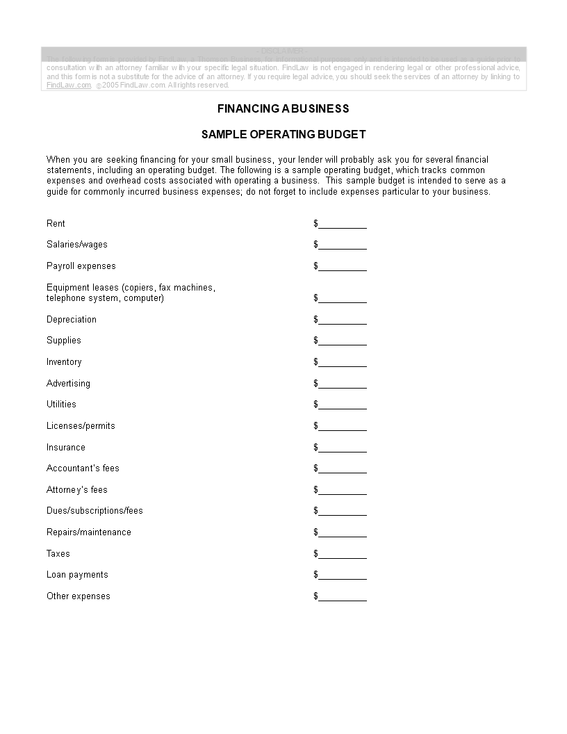 small business operating budget template