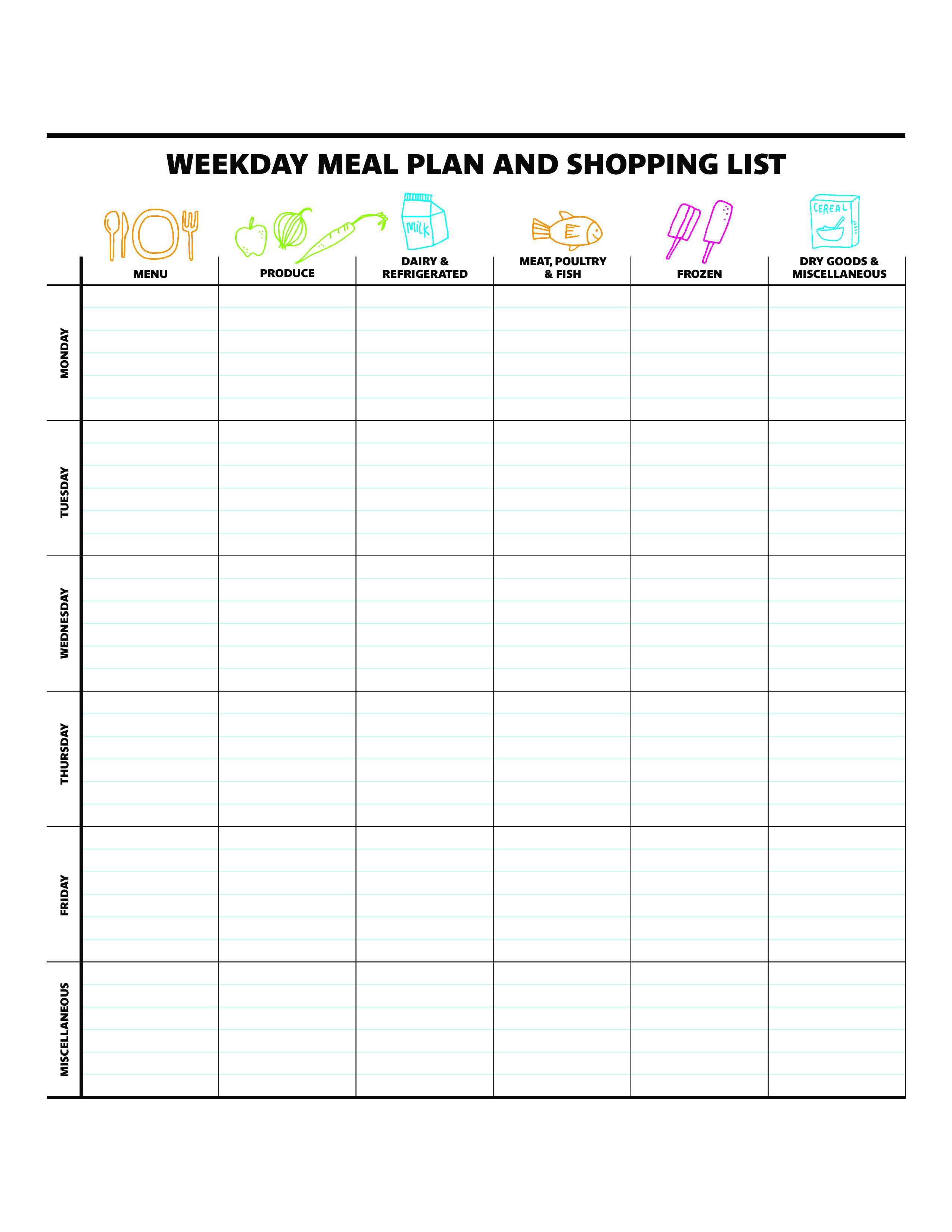 weekly dinner meal planner template