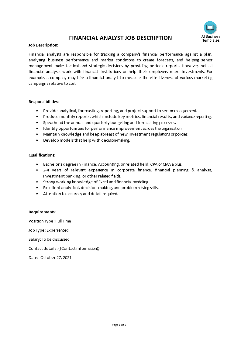 Financial Analyst Job Description main image