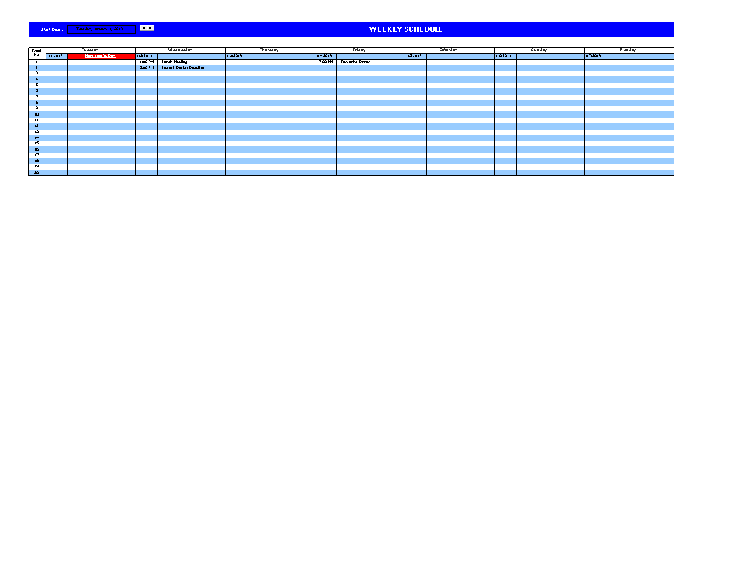 weekly calendar spreadsheet voorbeeld afbeelding 