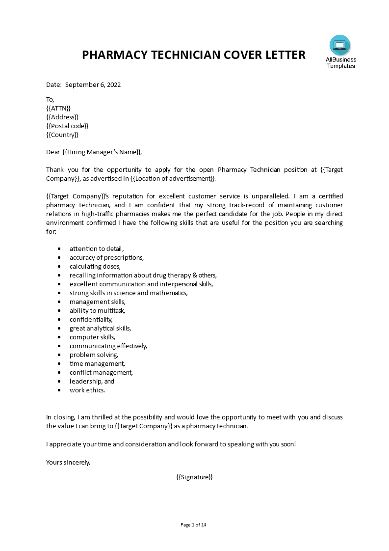 pharmacy technician letter template