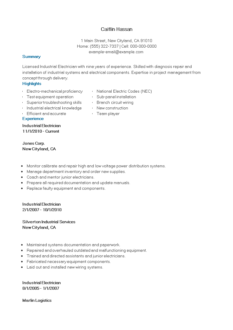 industrial resume modèles