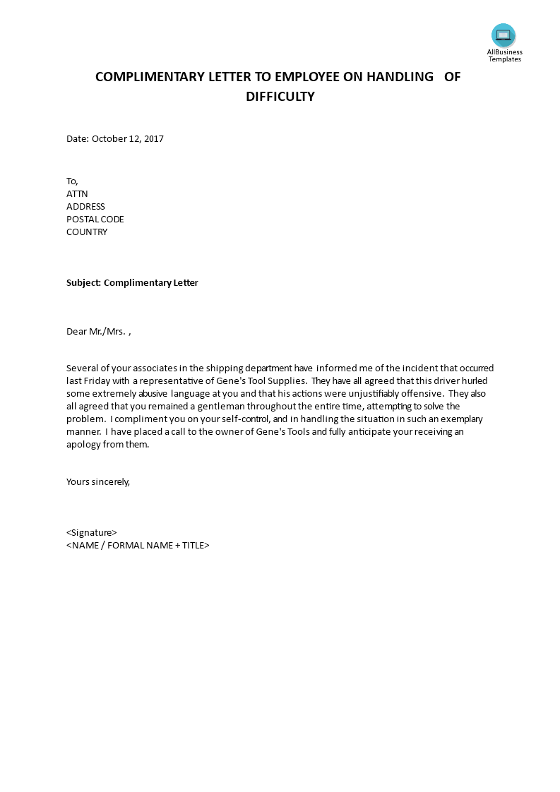 Complimentary Letter To Employee On Handling Of Difficulty main image