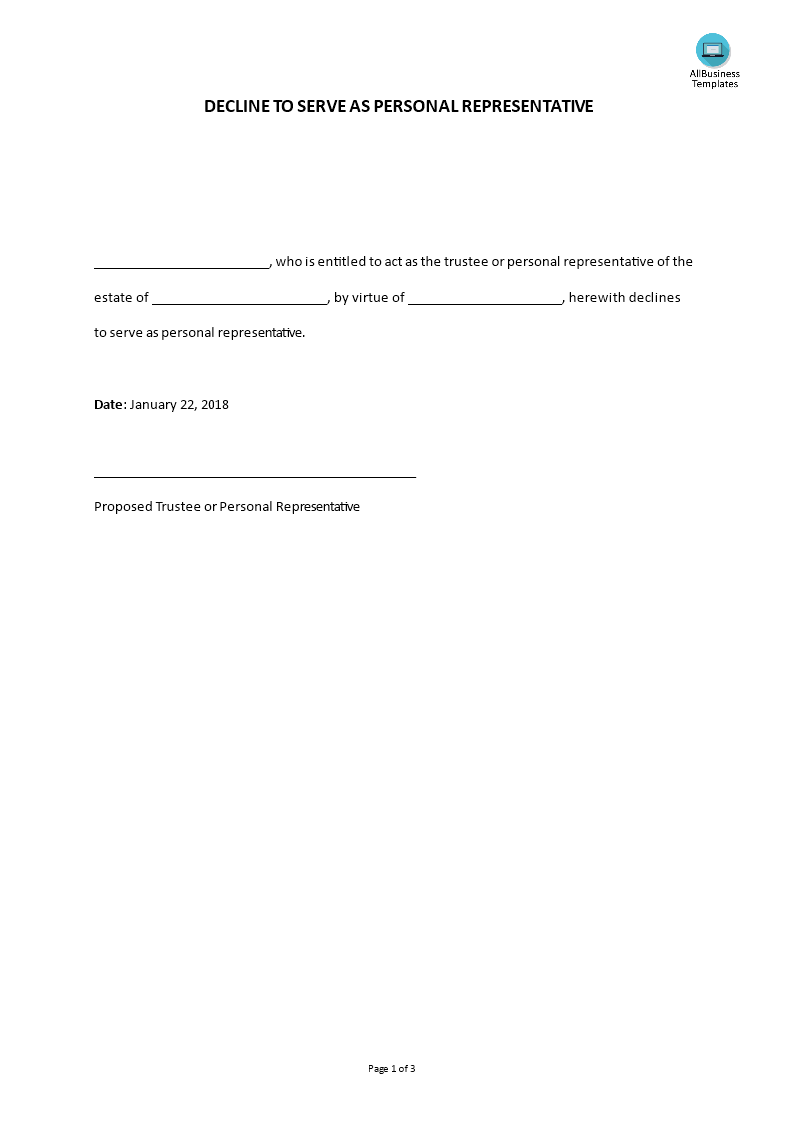 Decline to Serve as Personal Representative 模板