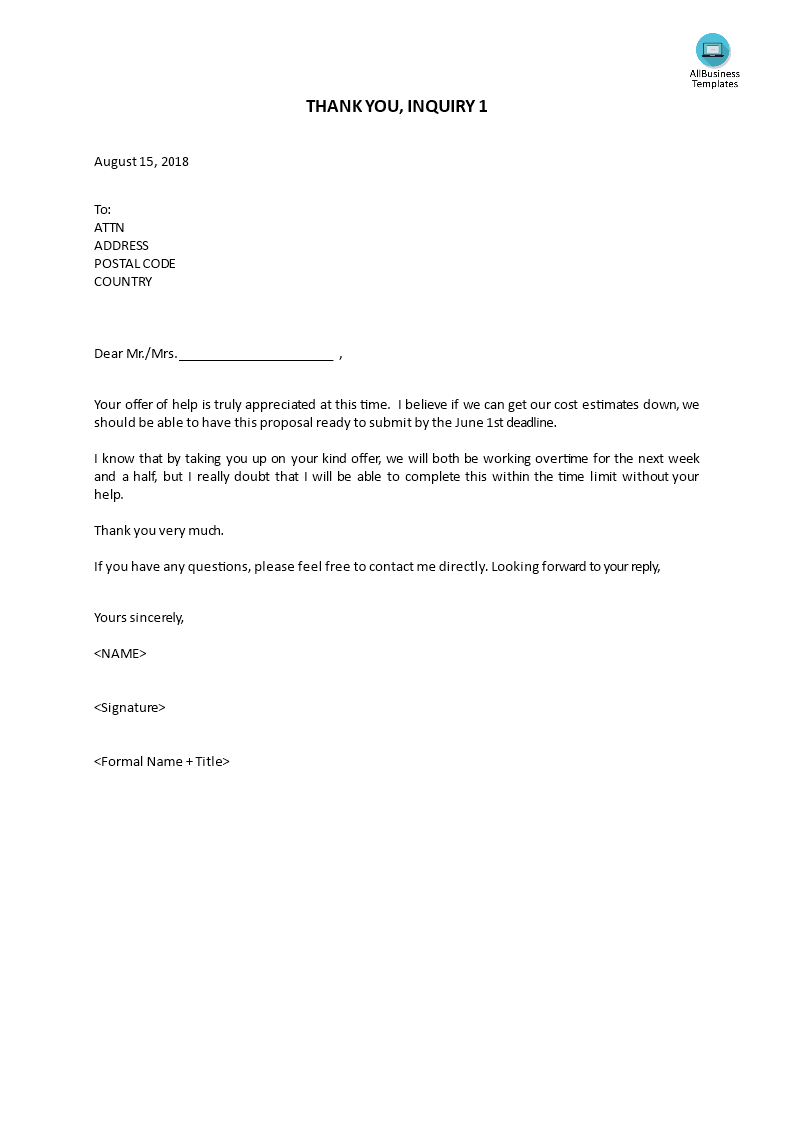 thank you letter inquiry for products plantilla imagen principal