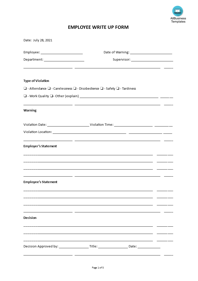 Employee Write Up Form - Premium Schablone