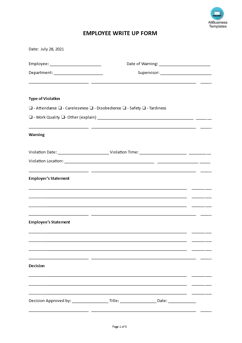 Prima Employee Write Up Form