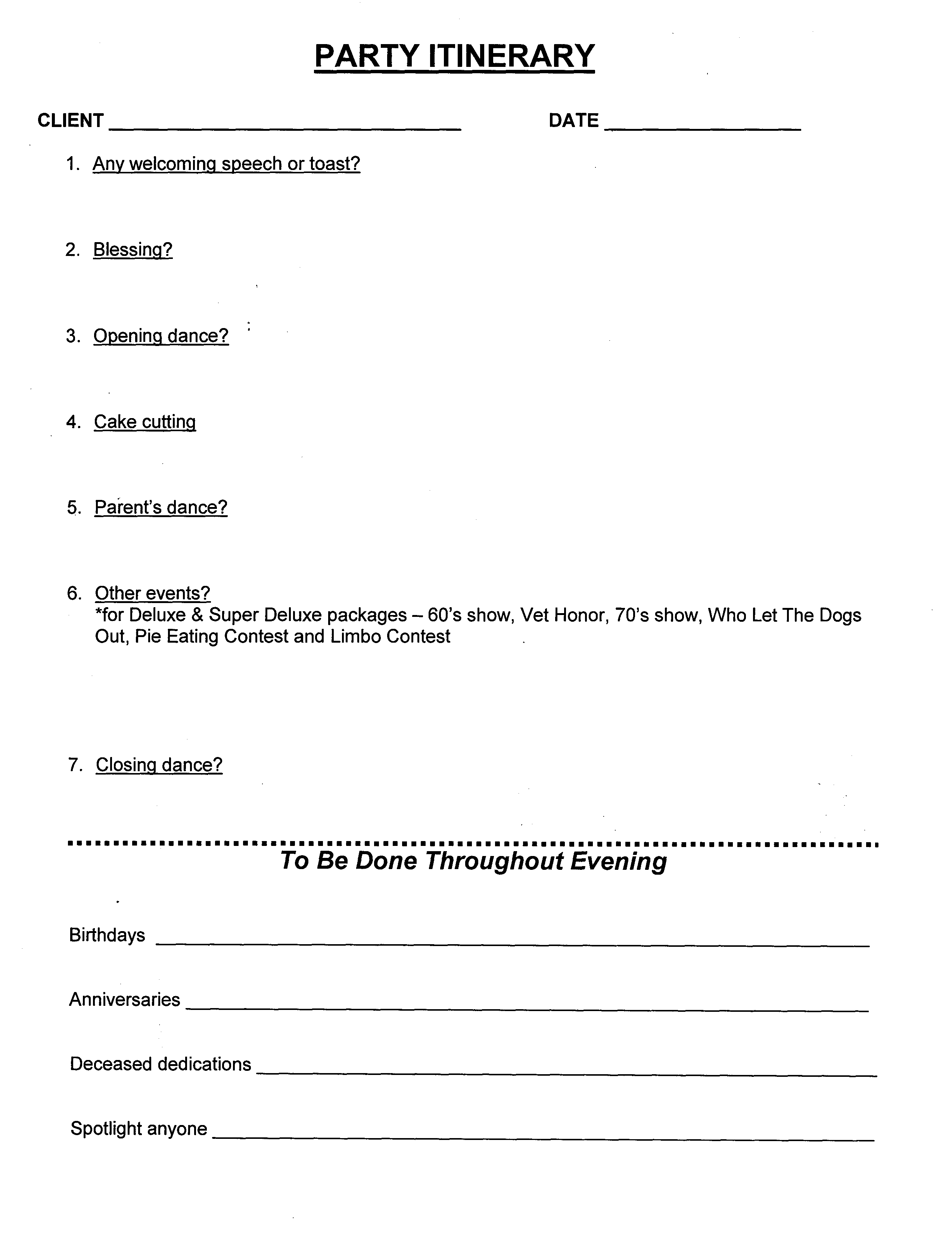 party itinerary template