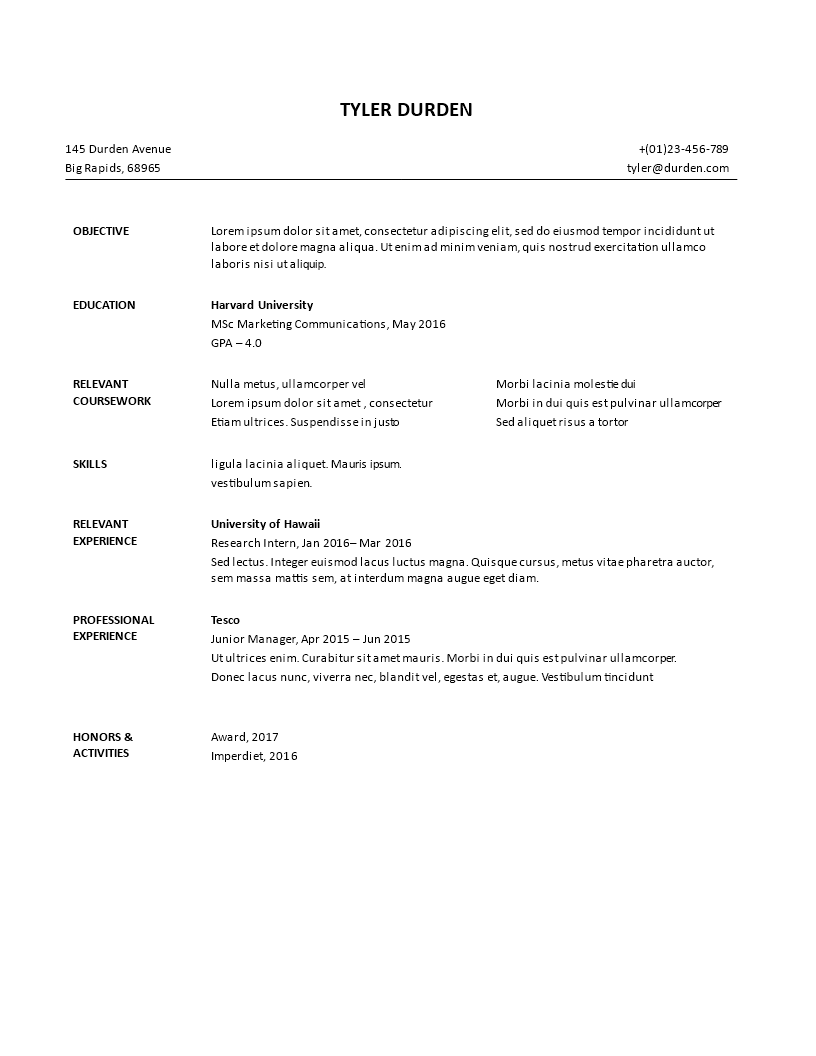 example internship resume modèles