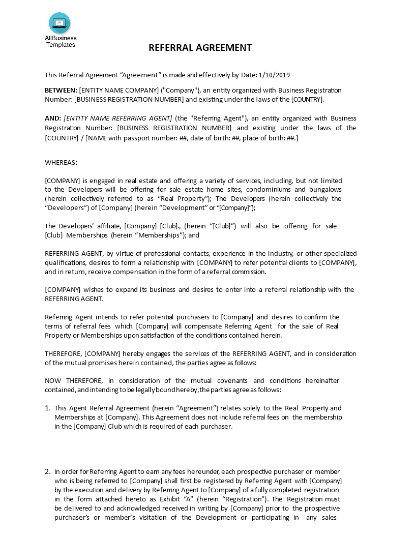 Agent Referral Agreement  Templates at allbusinesstemplates.com With Regard To real estate broker fee agreement template