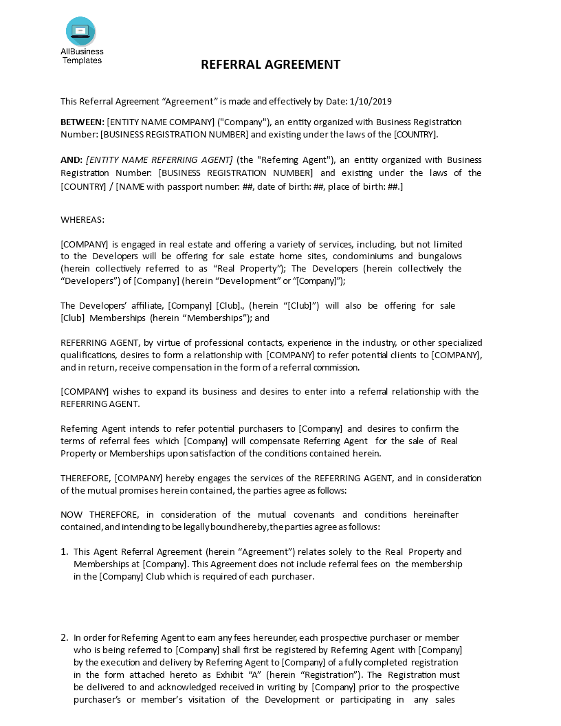 agent referral agreement template