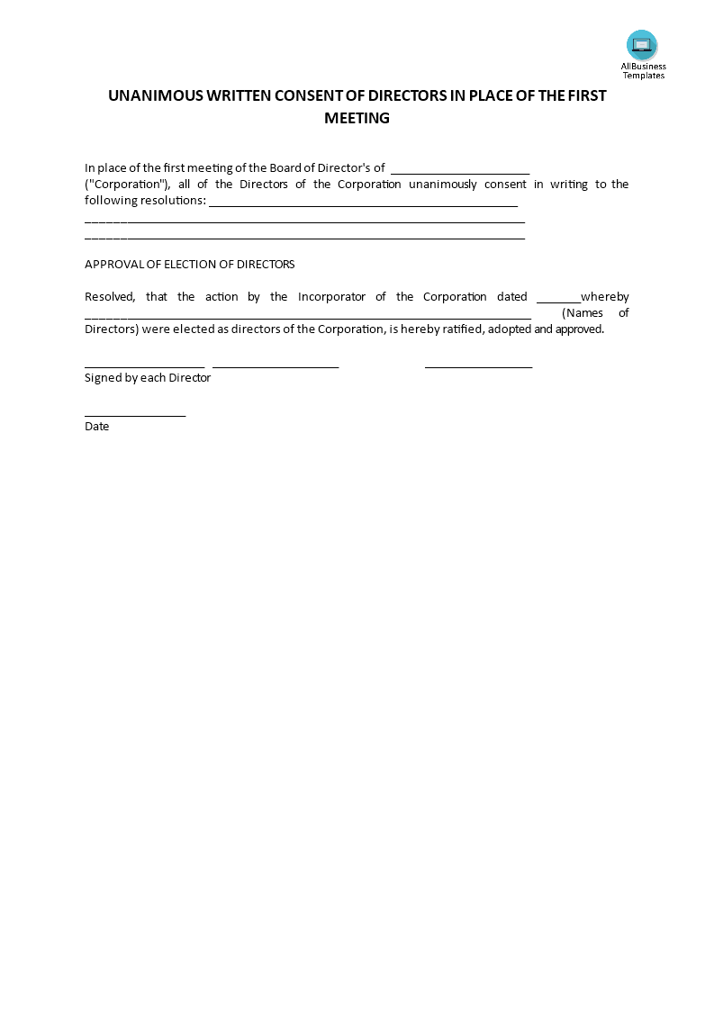 unanimous written consent of directors in place voorbeeld afbeelding 