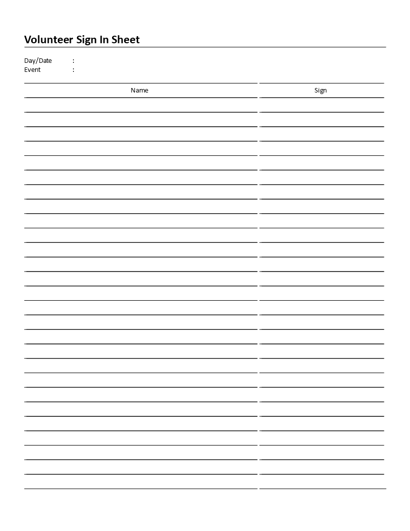 volunteer sign in sheet charity event voorbeeld afbeelding 