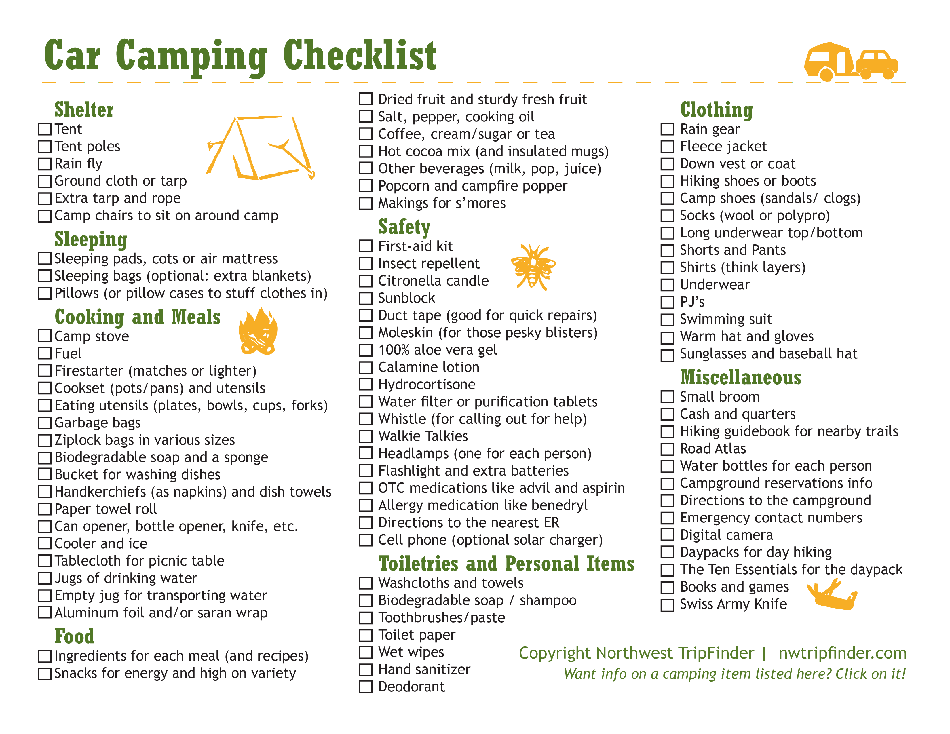 car camping checklist modèles