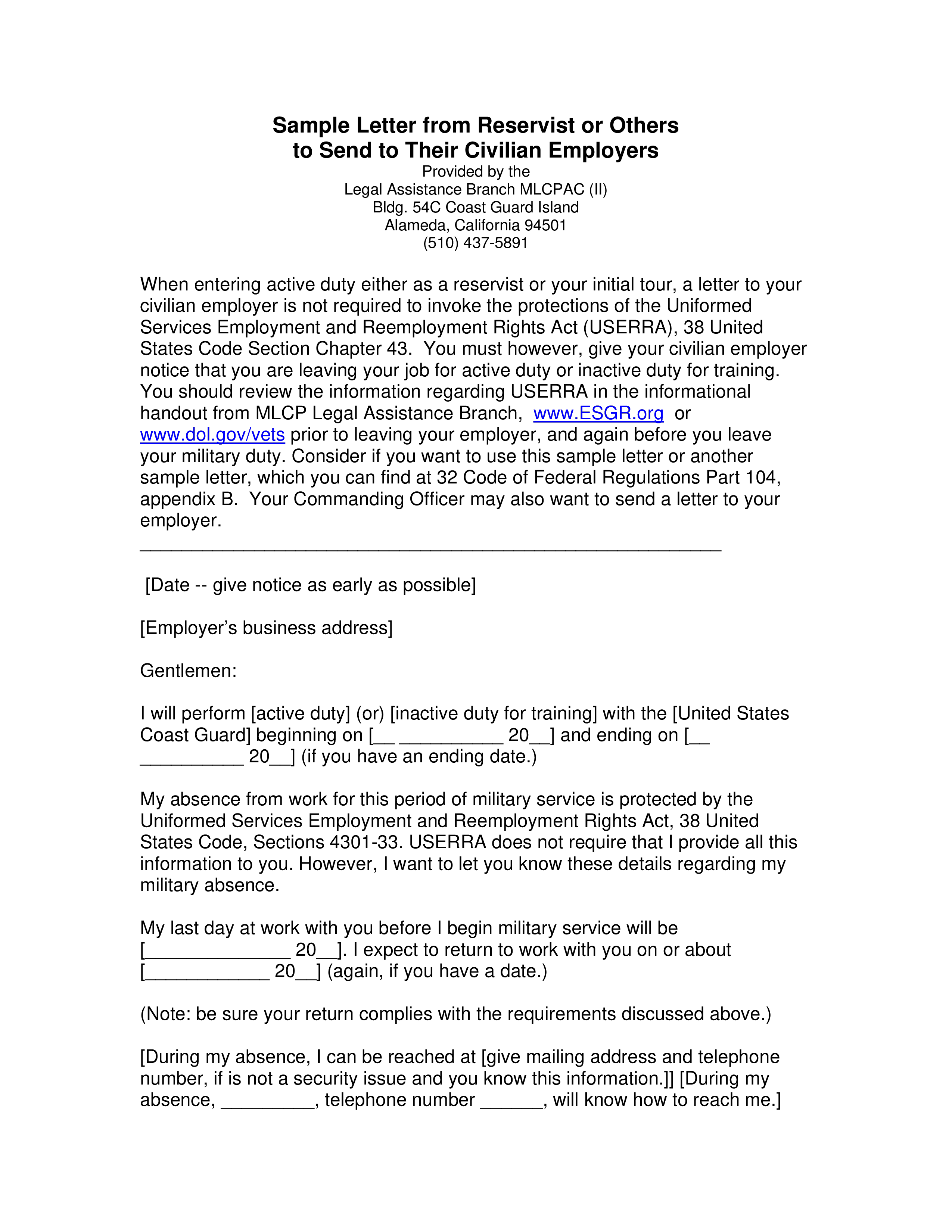 letter from reservist to send to their civilian employers template