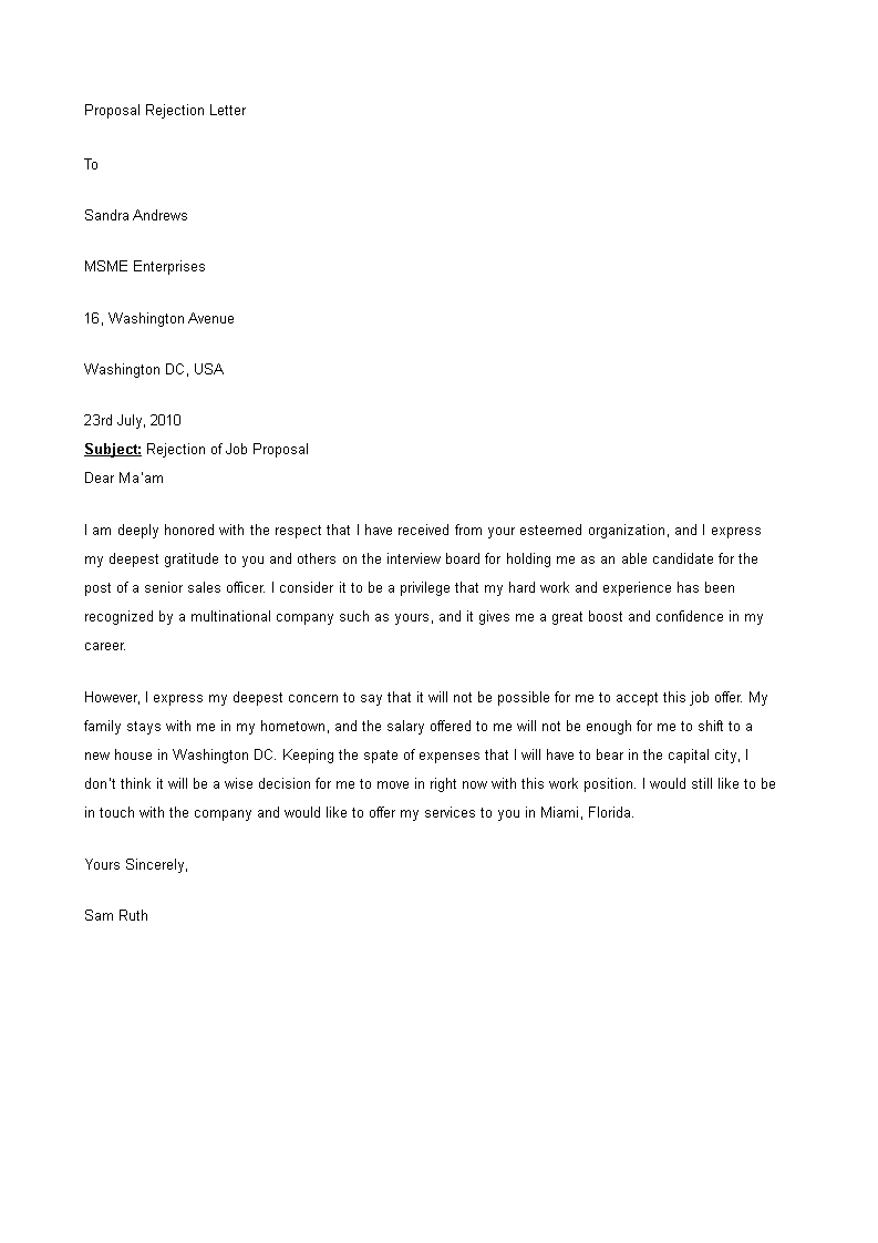 proposal rejection letter template