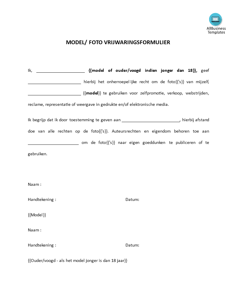 model vrijwaringsformulier template voorbeeld afbeelding 