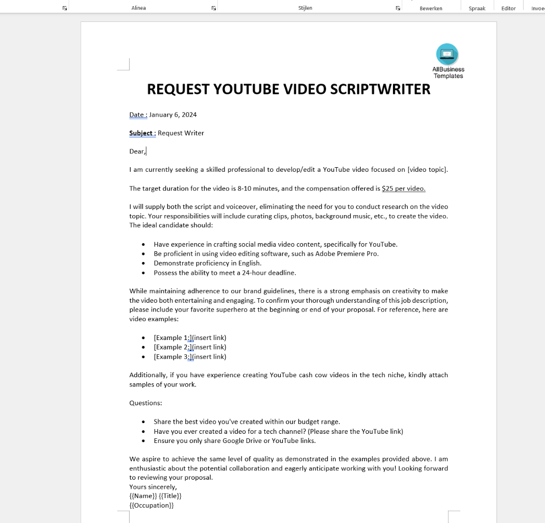 Request Youtube Script Writer 模板