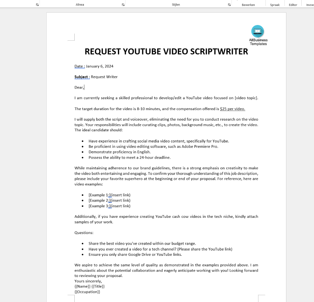 request youtube script writer Hauptschablonenbild