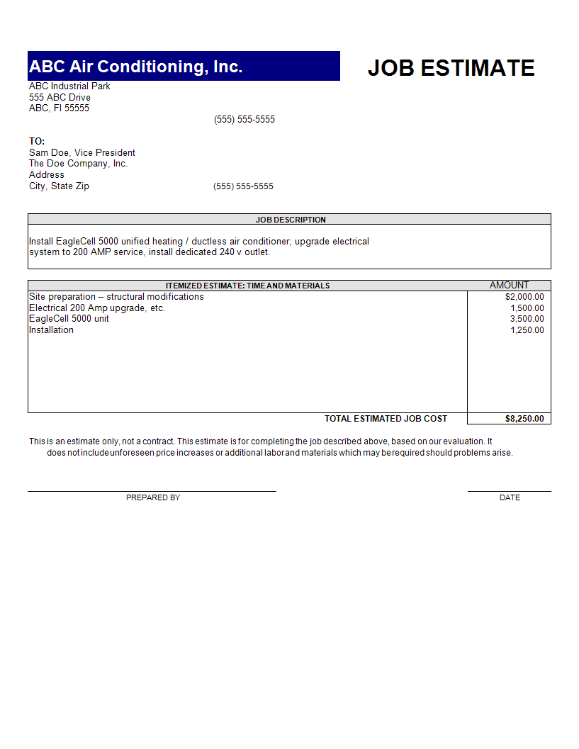 estimate template excel spreadsheet voorbeeld afbeelding 