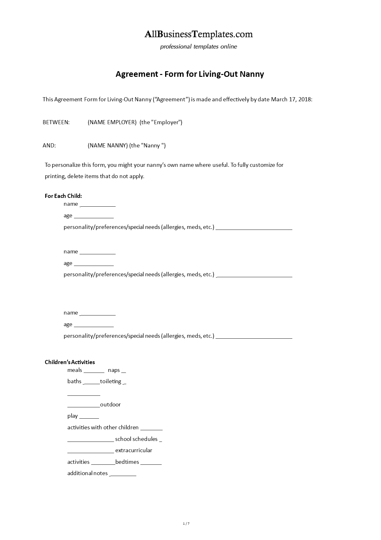 live out nanny contract template