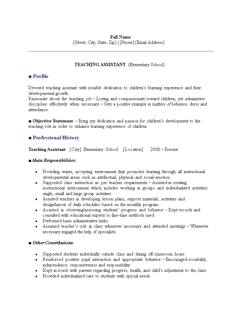 elementary teacher assistant resume template