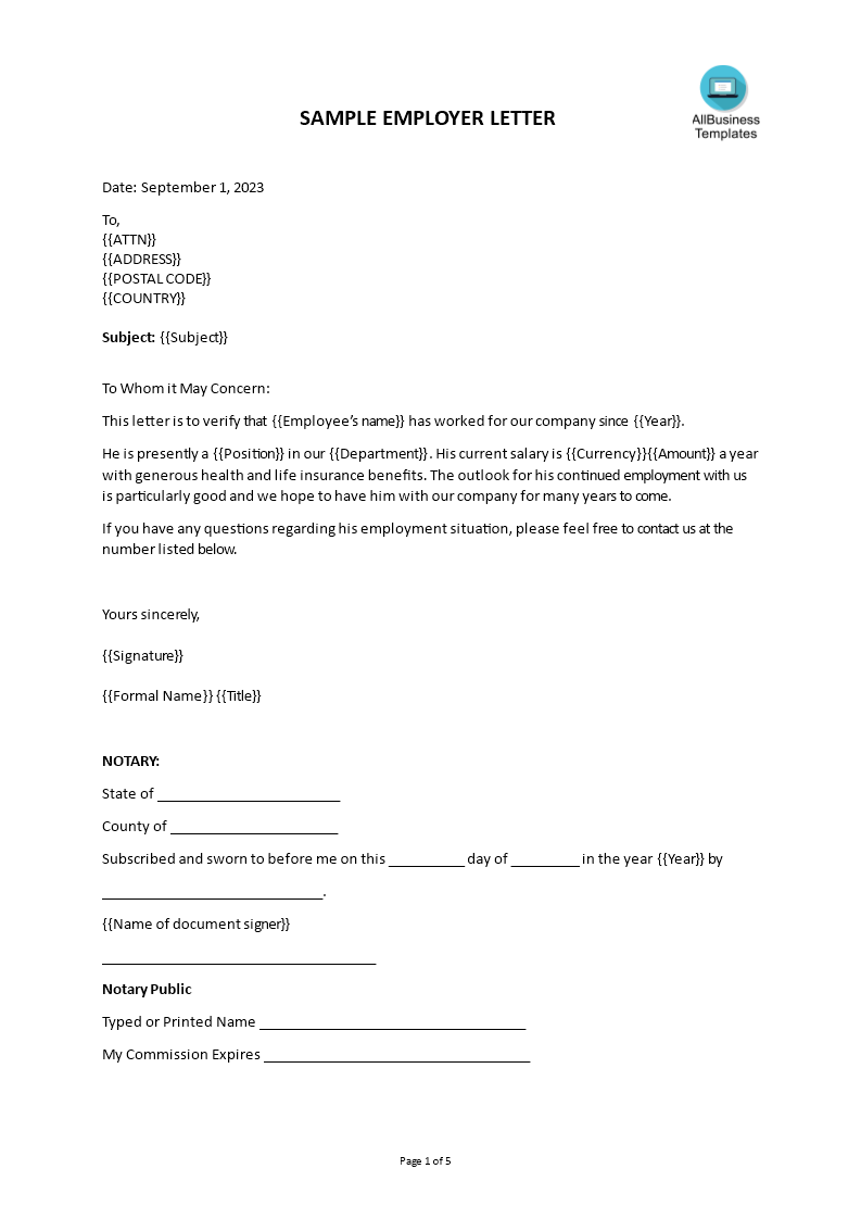 Notarized Letter of Employment  Templates at allbusinesstemplates