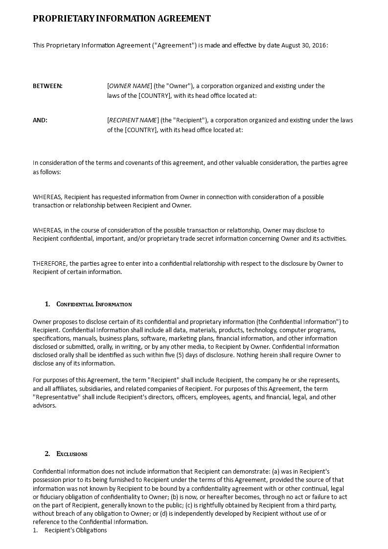 proprietary information agreement voorbeeld afbeelding 