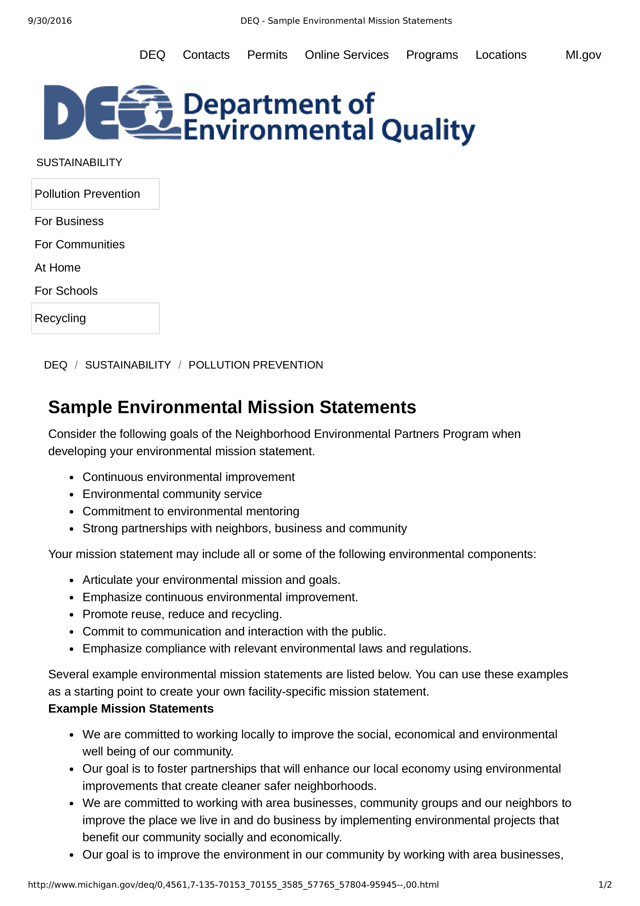 environmental mission statement template