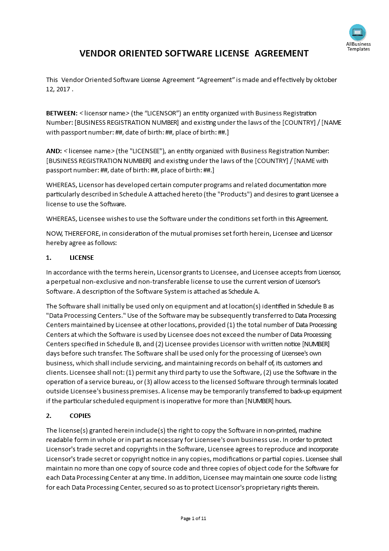 vendor oriented software license agreement template