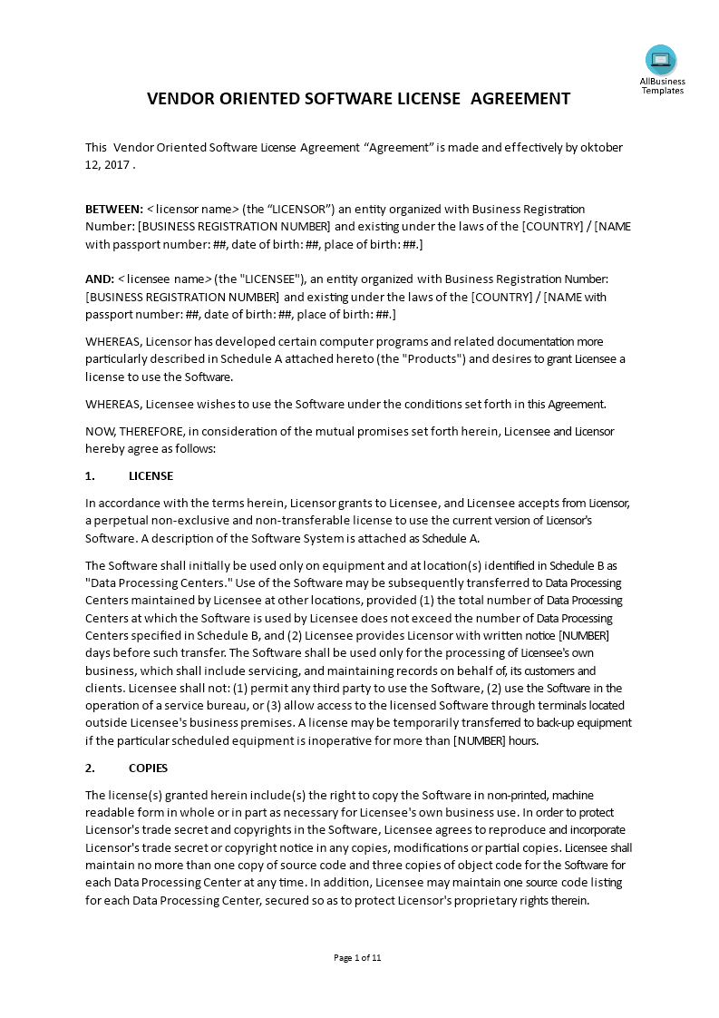 Vendor Oriented Software License Agreement main image