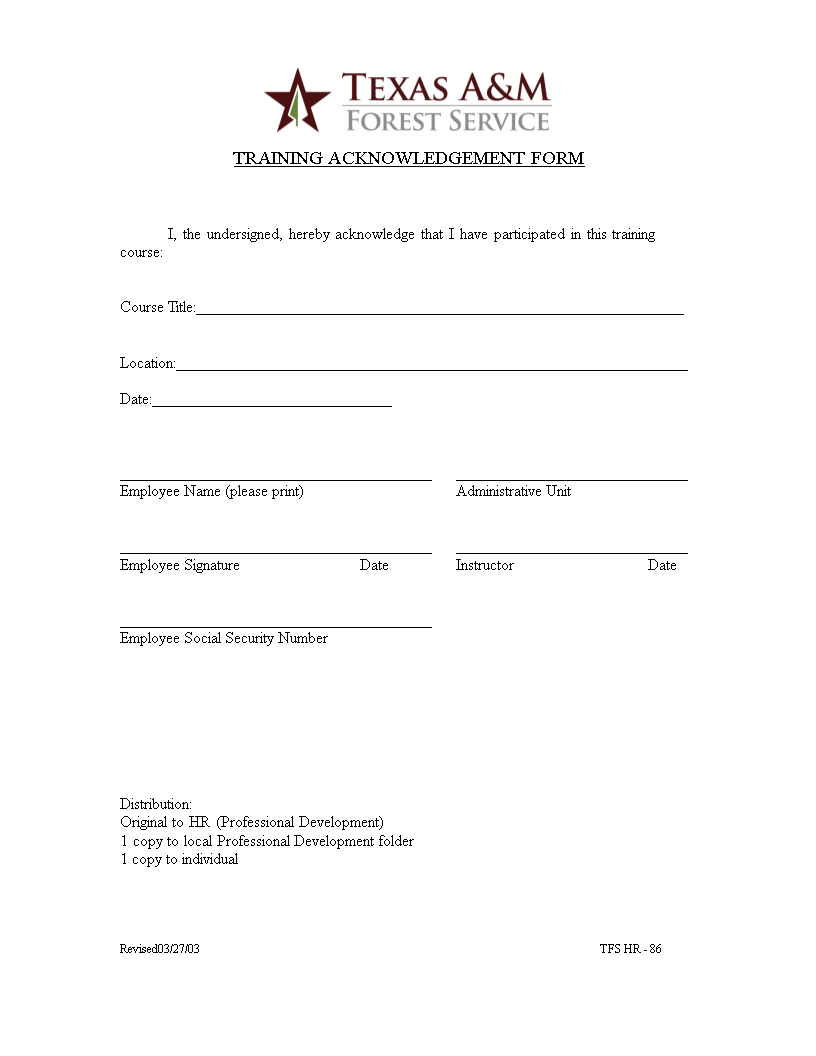 Training Acknowledgment Form main image