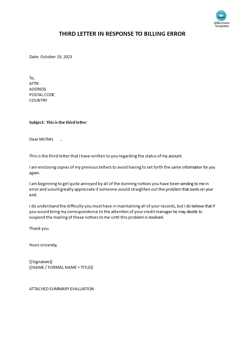 third letter in response to billing error template