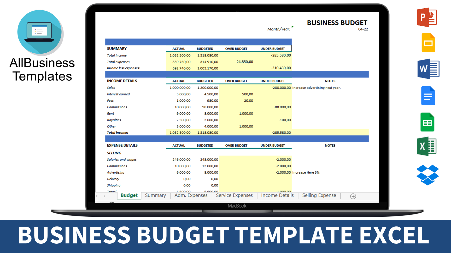business budget excel modèles
