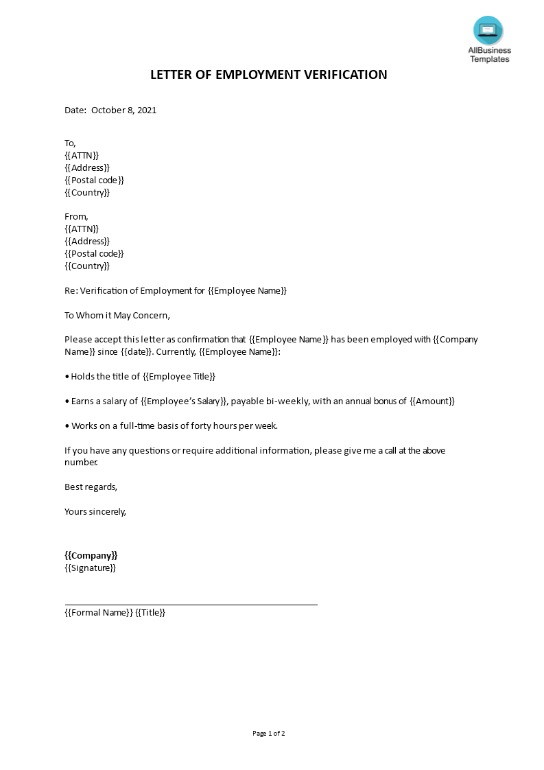 letter of employment verification template