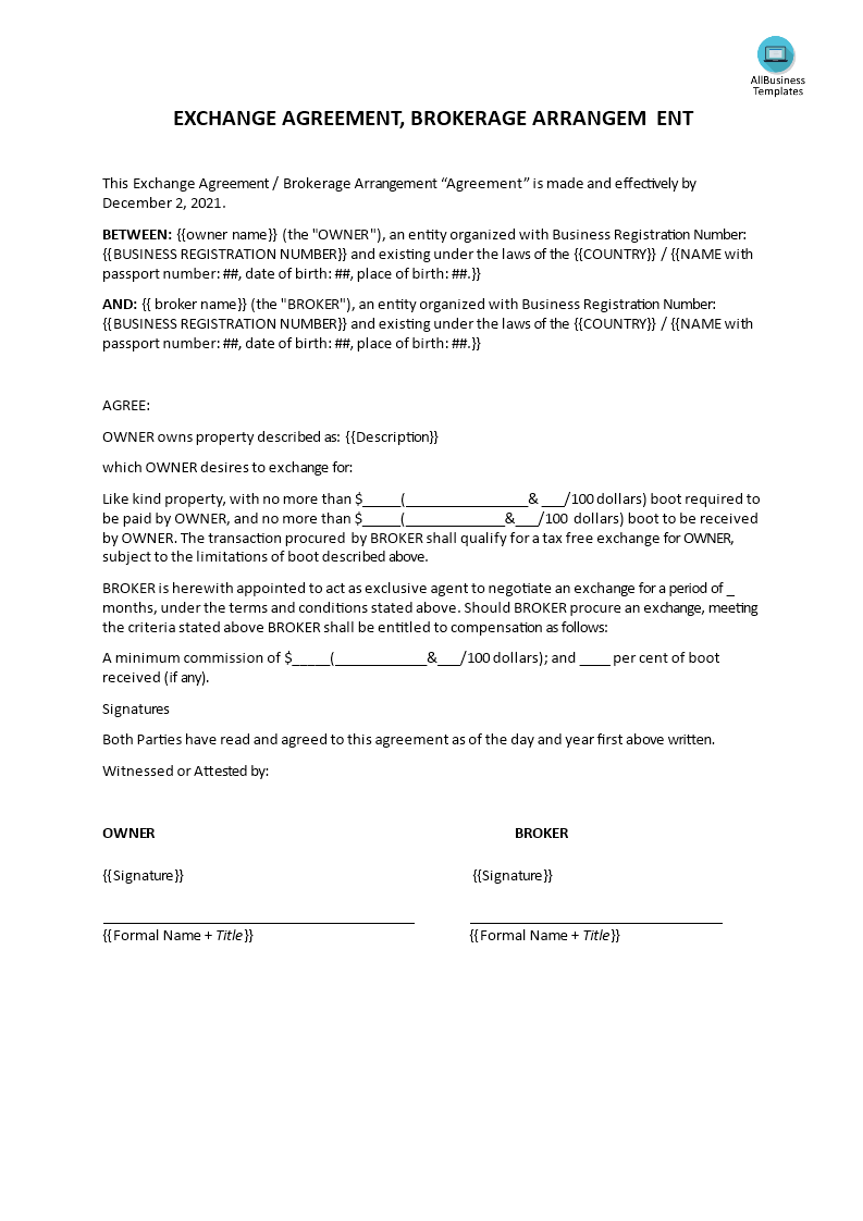 exchange agreement, brokerage agreement voorbeeld afbeelding 