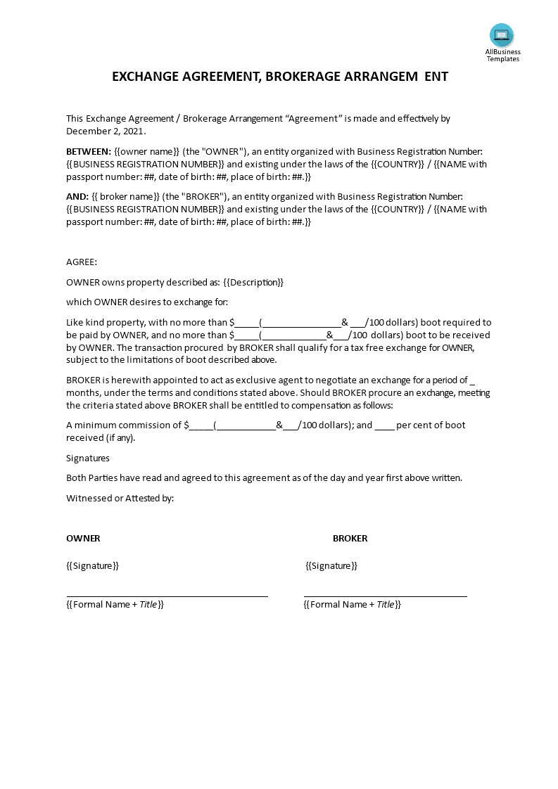 exchange agreement, brokerage agreement modèles