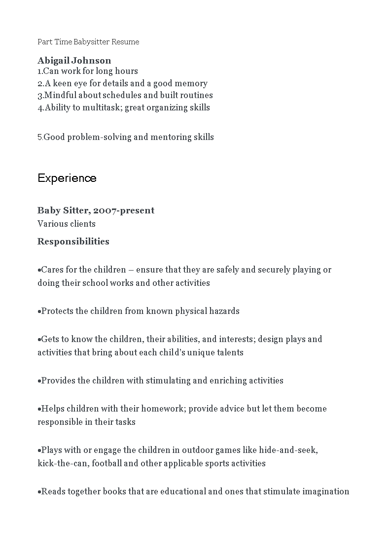 part time babysitter resume template